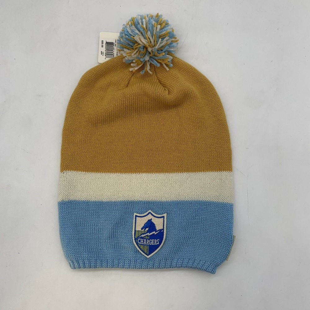 Los Angeles Chargers Beanie Cuffless Winter Knit Cap Pom Pom Striped 90s OSFA